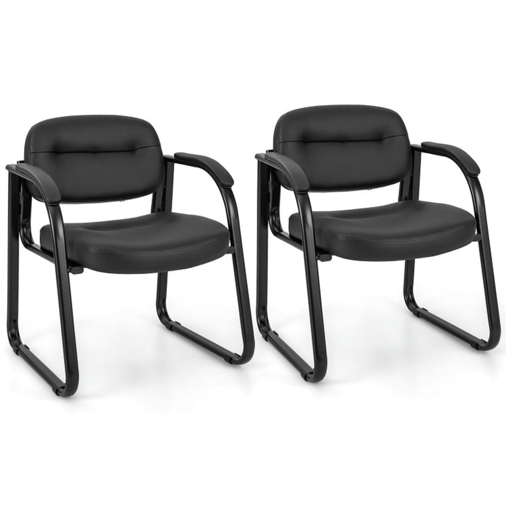Black Leather and Metal Ergonomic Office Guest Chairs Set of 2