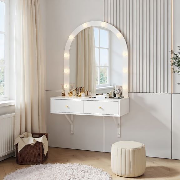 YYAo Wall-Mounted Vanity, Floating Makeup Vanity Desk with Mirror & 3-Color Lights, Wall Dressing Table with Power Outlet, White