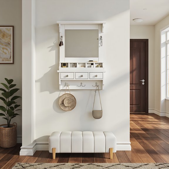 YYAo Wall-Mounted Vanity, Floating Makeup Vanity with Mirror, Wall-Mounted Storage Vanity with Drawers, Pockets & Hooks, White