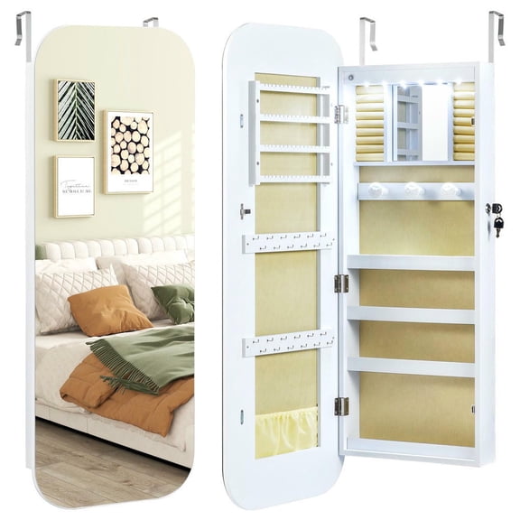 YYAo Wall or Door Mounted Lockable Jewelry Amoire Cabinet with 6 LEDs, Jewelry Chest Jewelry Boxes for Bedroom, Living Room, Closet, White