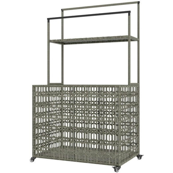 YYAo Wicker Pool Float Storage Organizer, PE Rattan Pool Float Holder with Basket Shelf Towel Bars, Rolling Pool Caddy, Mixed-Gray