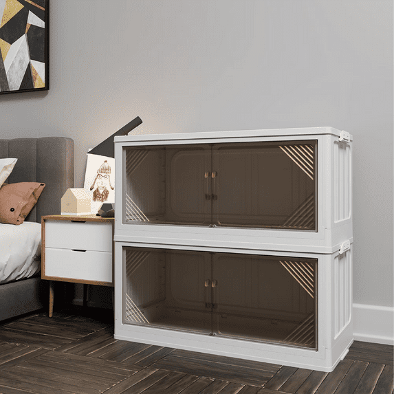 YYAo Wide Transparent Plastic Storage Cabinets for Closet Organizers and Storage, Folding Storage Box, Stackable Storage Bins