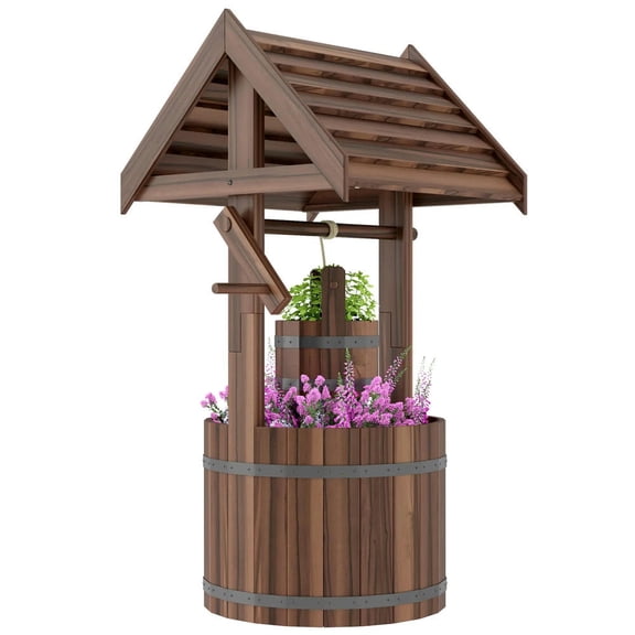 YYAo Wood Wishing Well for Outside with Hanging Bucket, Wishing Well Planter with Drain Hole for Garden Patio, Carbonized