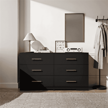 YYAo Wooden 6 Drawer Dresser, Large Modern Chest of 6 Drawers Night Table, TV Stand for 55" TV for Bedroom, Closet, Living Room, Black