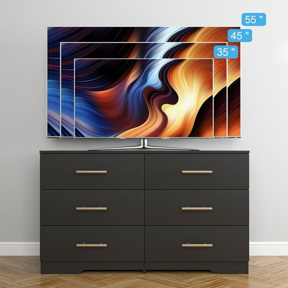 YYAo Wooden 6 Drawer Dresser, Large Modern Chest of 6 Drawers Night Table, TV Stand for 55" TV for Bedroom, Closet, Living Room, Black
