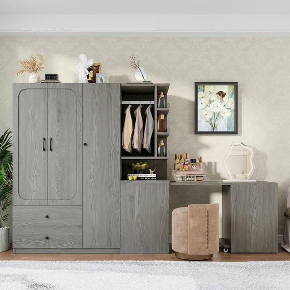 YYAo Wooden Clothes Closet with Convertible Desk, Multifunctional Wardrobe with 2 Doors for Bedroom, Storage Drawers and Hanging Rod, Gray