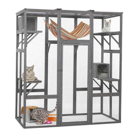 YYAo Wooden Indoor Outdoor Cat Enclosure, Large Wooden Cat Cage with Top Sun Panel, Perch, Sleeping Box Wooden Outdoor Cat Enclosure, Large Cat House with Perch, Gray