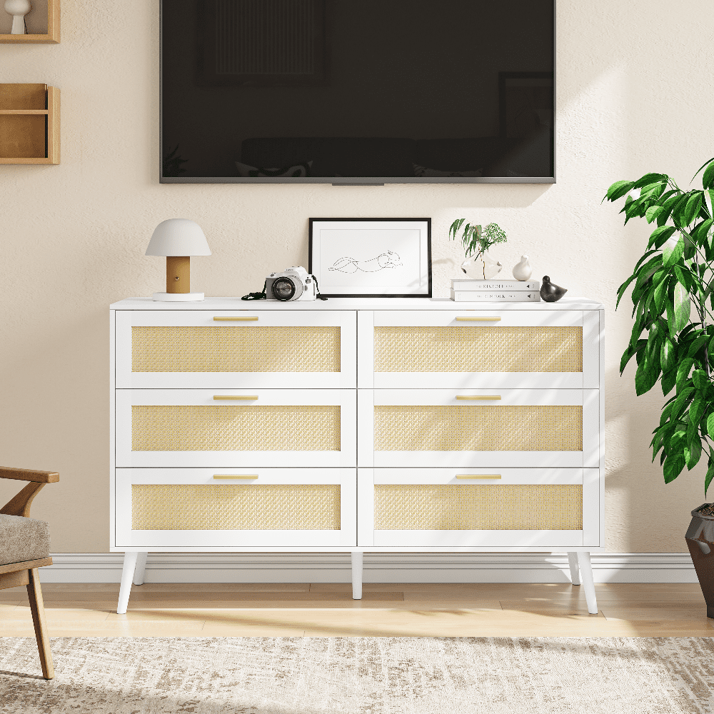 YYAo white Rattan 6 Drawers Chest of Dressers for Bedroom Modern 6 Drawer Dresser, Wide Chest of Drawers with Gold Handles, Rattan Dresser Storage Cabinet for Living Room, Bedroom, Hallway YYAo white Rattan 6 Drawers Chest of Dressers for Bedroom Modern 6 Drawer Dresser, Wide Chest of Drawers with Gold Handles, Rattan Dresser Storage Cabinet for Living Room, Bedroom, Hallway