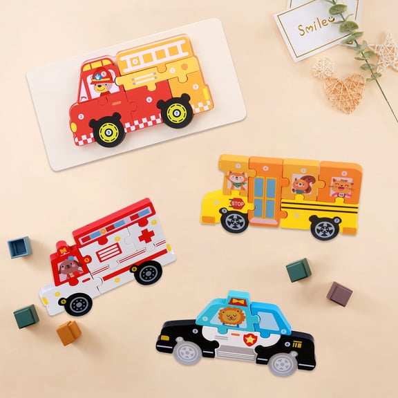 SINGOMON 4-piece Wooden Jigsaw Puzzle, Building Block Toys, Enlightenment Puzzle for Children 2 Years Old +, Birthday Christmas Holiday Gift (Transportation)