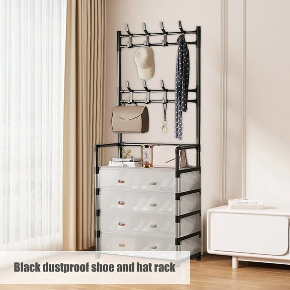 SINGOMON Five-Tier Shoe Rack with Lid, Entryway Clothing Storage Rack with 8 Hooks, Dust-Proof Storage, Black