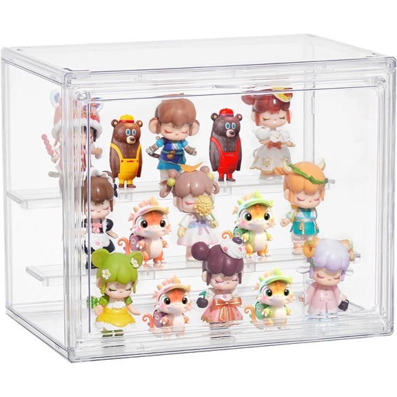 SINGOMON Acrylic Display Case, Large Figurine Collection Display Case with Magnetic Door Stackable Plastic Storage Box with 2 Removable Dividers, Clear Doll Display Case