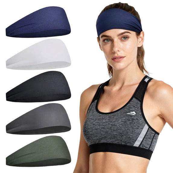 YYDENG 5 Pack Sweat Wicking Polyester Athletic Headbands Stretch Non Sports Hair Bands Unisex Soft Workout Sweat Bands For Running Yoga Basketball Gym Fitness Training