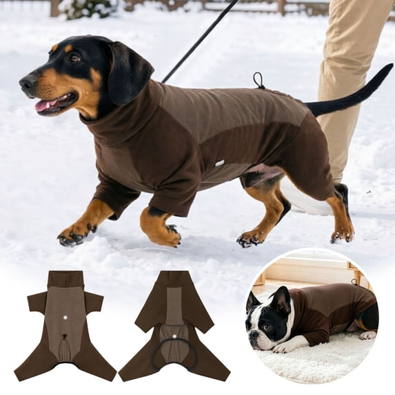 YYDENG Color‑Block 4‑Legged Pet Hooded Jumpsuit, Warm Adjustable Dog Winter Coat with Leash Hole, Indoor Outdoor Cold‑Weather Dog Apparel