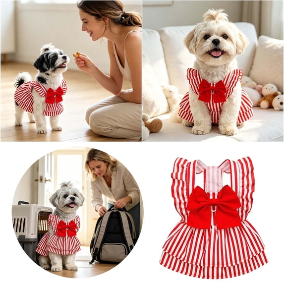 YYDENG Cute Bow Striped Dog Cat Dress, Built‑in Leash Hook Design, Light Polyester Spring Summer Daily Outfit for Small Pets XS‑XL Sizes