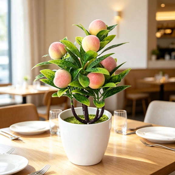 YYDENG Desktop Artificial Peach Tree Potted , 1pc Peach Nature Vase with Lifelike Leaves for Home Decor Living Room Study Balcony Kitchen Decoration