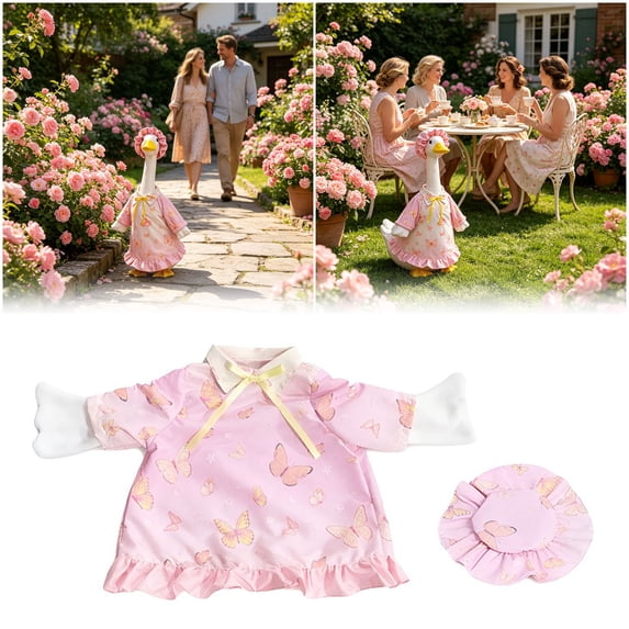YYDENG Easter Floral Porch Goose Statue Outfit 2Pcs Pink Flower Print Dress Matching Bonnet Light Polyester For 23 Inch Lawn Goose Yard Garden Spring Holiday Decor