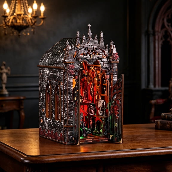 YYDENG Gothic Style Wooden DIY Book Nook Kit with LED Lighting for Desk Shelf Display - An Immersive Puzzle Craft Project and Unique Gift Idea for Book Lovers