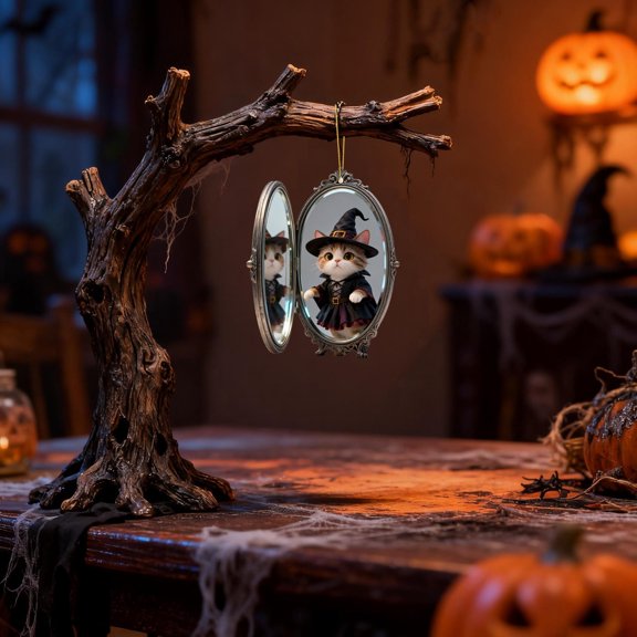 YYDENG Halloween Decor Acrylic Cat Wizard Pocket Watch Style Hanging Ornament Indoor C