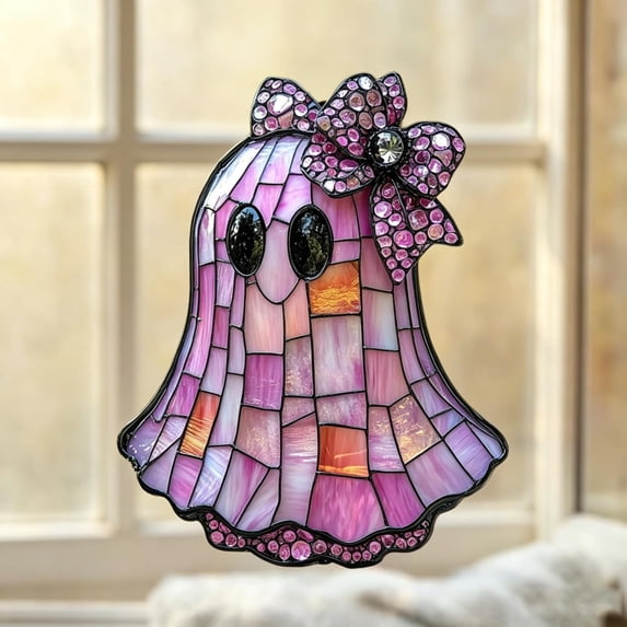 YYDENG Halloween Decor Acrylic Ghost Pendant with Rhinestone Bow Stained Glass Window Ornament Pink B