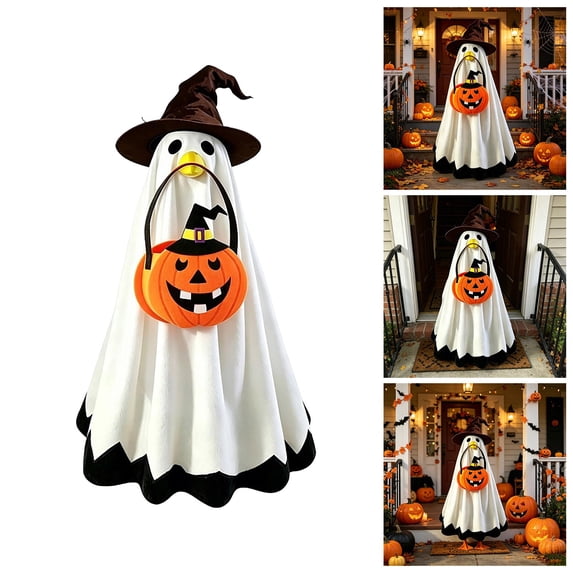 YYDENG Spooky Ghost Witch Porch Goose Statue Outfit Polyester Pumpkin Bag Hat Robe Fits 75cm Goose Figurine Outdoor Garden Front Door Holiday Decor