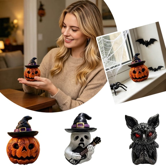 YYDENG Halloween Resin Pumpkin with Witch Hat Figurine for Desktop Shelf Display - A Hand-Painted and Whimsical Ornament for Holiday Party Decor
