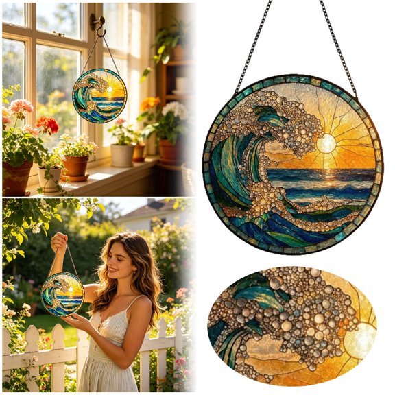 YYDENG Home Decor Acrylic Sunset Wave Sun Catcher Window Hanging Pendant 15cm