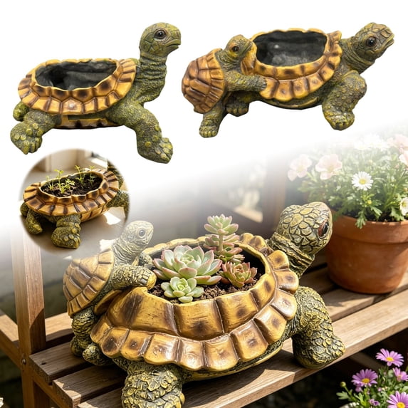 YYDENG Rustic Resin Turtle Planter Figurine with Whimsical Coastal Charm for Desk Shelf Display - A Functional and Decorative Home Accent Piece