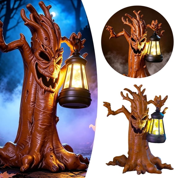 YYDENG Solar Lantern Tree Resin Statue Glowing Garden Ornament for Patio Pathway Yard October Decor 11in