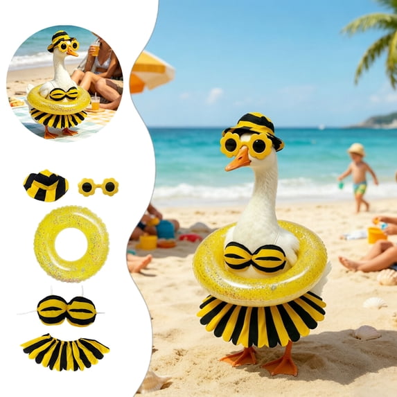YYDENG Summer Bikini Porch Goose Statue Outfit 4Pcs Polyester Swim Suit Set With Hat Heart Float Ring Fits 23 Inch Lawn Goose For Garden Pool Yard Holiday Decor