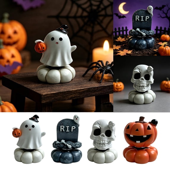 YYDENG Whimsical Resin Halloween Skull Pumpkin Skeleton Spinning Ornament for Desk Shelf Party Decor and Collectible Accent