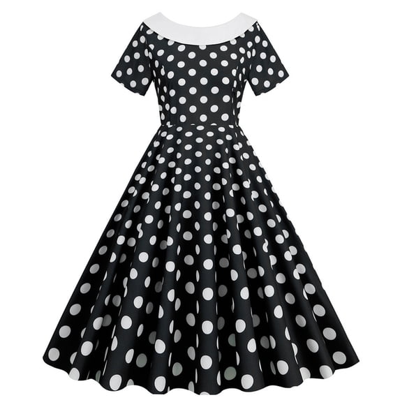 YYDGH 1950s Retro Rockabilly Dress for Women Crew Neck Vintage Elegant Cocktail Party Dress Short Sleeve Polka Dot A-Line Swing Tea Dresses Black XL