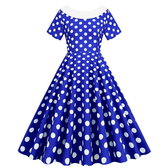YYDGH 1950s Retro Rockabilly Dress for Women Crew Neck Vintage Elegant Cocktail Party Dress Short Sleeve Polka Dot A-Line Swing Tea Dresses Blue M