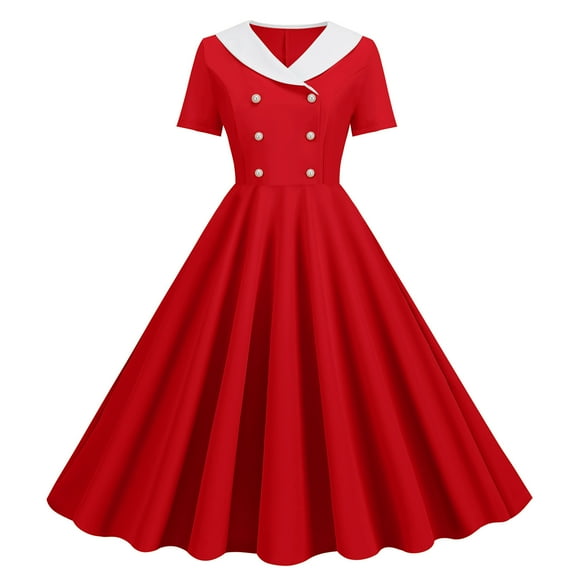 YYDGH 1960s Dresses for Women Lapel Double Breasted Dress 50sVintage Polka Dot Rockabilly Dresses Retro Tea Party Dress Red L