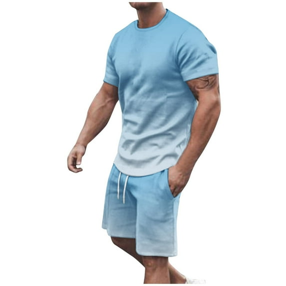 YYDGH 2 Piece Shorts Set for Men Oversized Short Sleeve Crew Neck Shirt Wide Leg Drawstring Shorts Gradient Color Fashion Summer Casual Tracksuit