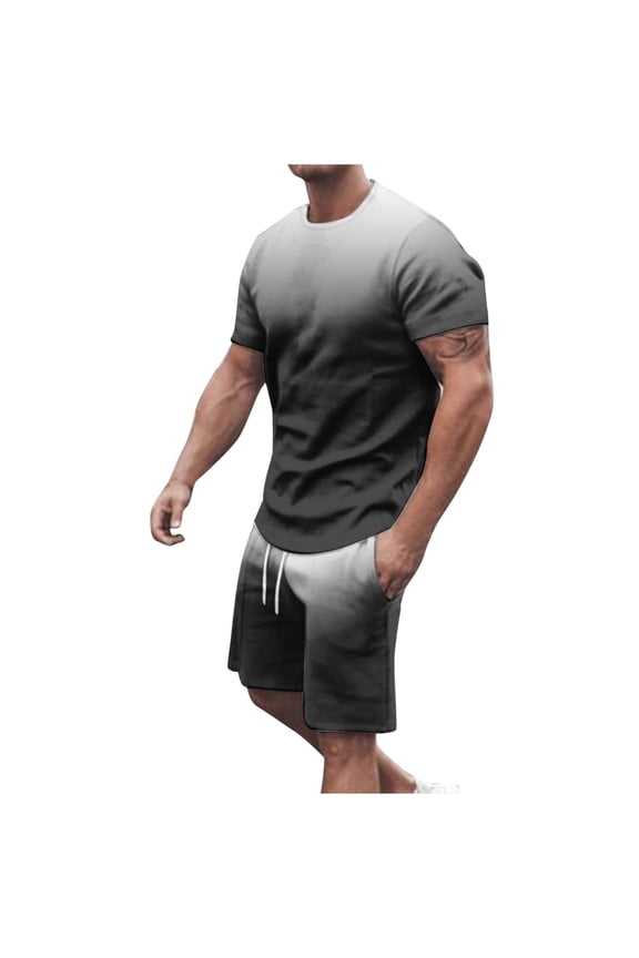 2 Piece Shorts Set for Men Oversized Short Sleeve Crew Neck Shirt Wide Leg Drawstring Shorts Printed Fashion Summer Casual Tracksuit