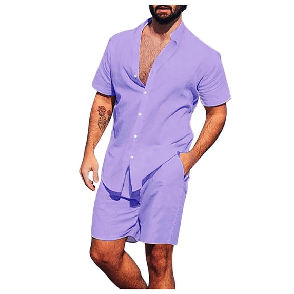 YYDGH 2 Pieces Outfits for Men Button Down Shirts and Shorts Sets Solid Color Tracksuits Loose Fit Shirts Shorts Suits Sweatsuits