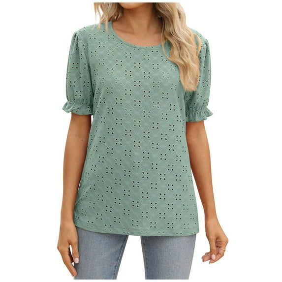 YYDGH Summer Puff Short Sleeve Shirts for Women Loose Fit Eyelet T Shirt Crew Neck Tunic Blouse Hollow Out Work Tops Green XXL