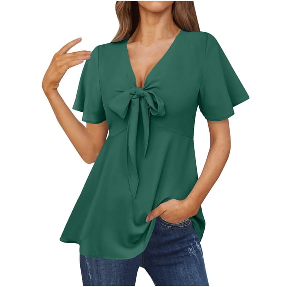 YYDGH Women's Elegant Peplum Tops V Neck Tie Front Short Bell Sleeve Shirts Tops Blouse Green M