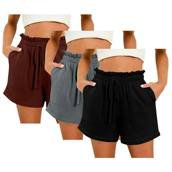 YYDGH 3 Pack Linen Shorts for Women Drawstring High Waisted Casual Summer Pull On Loose Fit Beach Vacation Shorts with Pockets