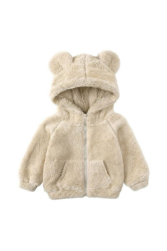 Baby Toddler Hooded Jacket Fleece Zipper Hoodies for Boys Girls Cute Bear Ear Warm Kids Coat Sweater Thick Outwear with Pockets(Beige,6-7 Years)