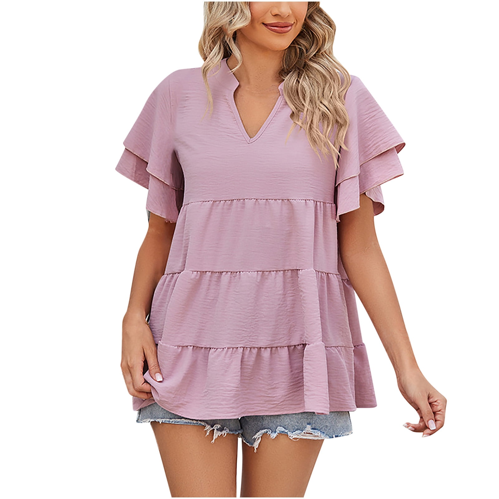 YYDGH Babydoll Tops for Women Ruffle Short Sleeve V Neck Peplum Top ...