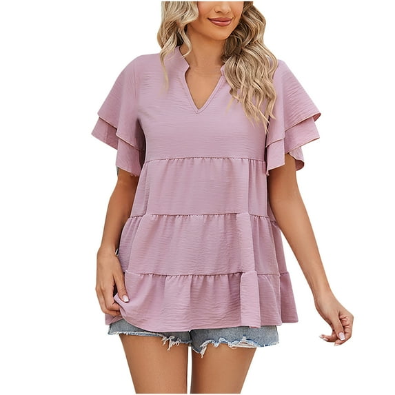 YYDGH Babydoll Tops for Women Ruffle Short Sleeve V Neck Peplum Top Summer Casual T Shirts Swing Tunic Blouse Pink L