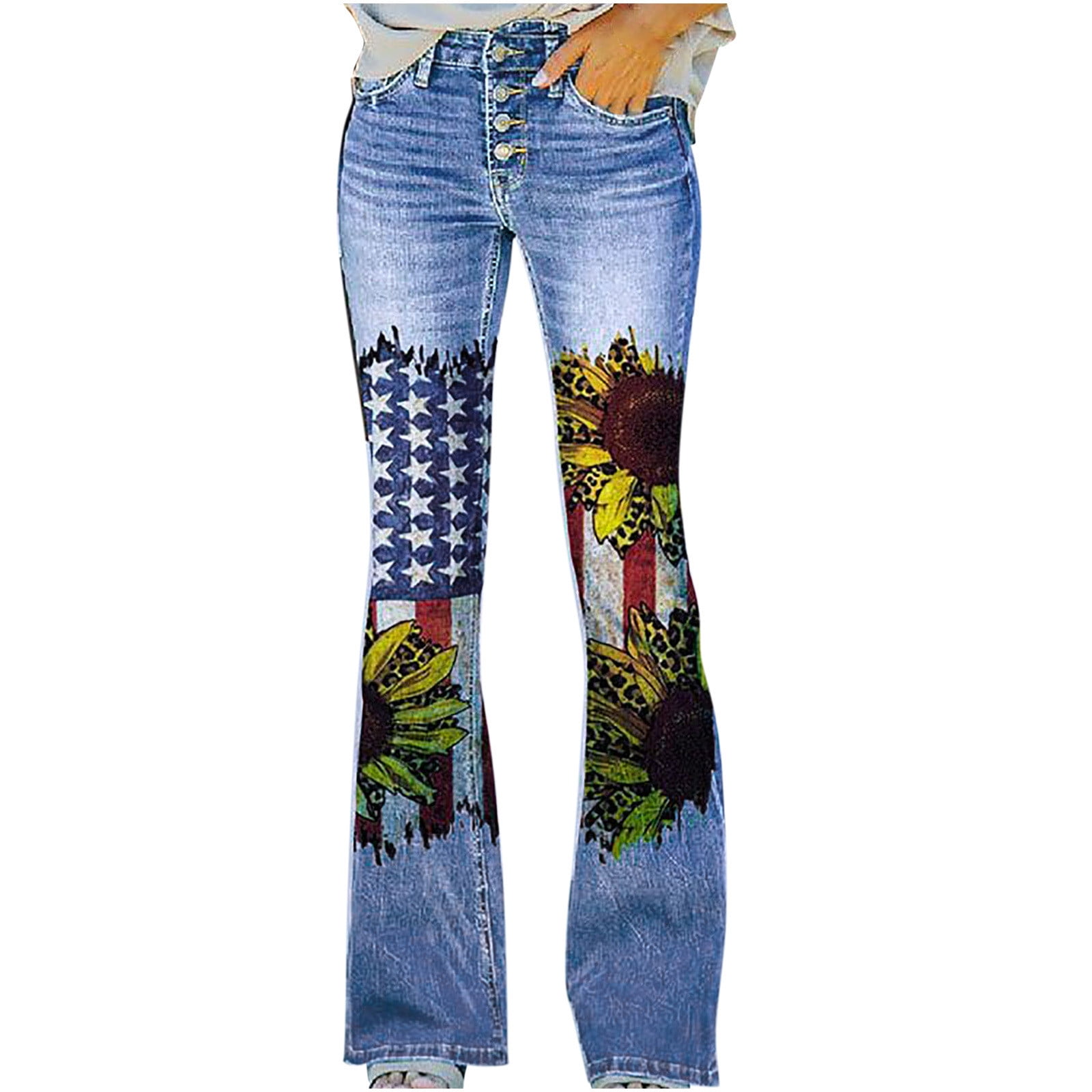 YYDGH Bell Bottom Jeans for Women Floral Printed Buttons Up False Jeans  Stretch Slim Casual Denim Pants Flare Jeans with Pockets Red 3XL 