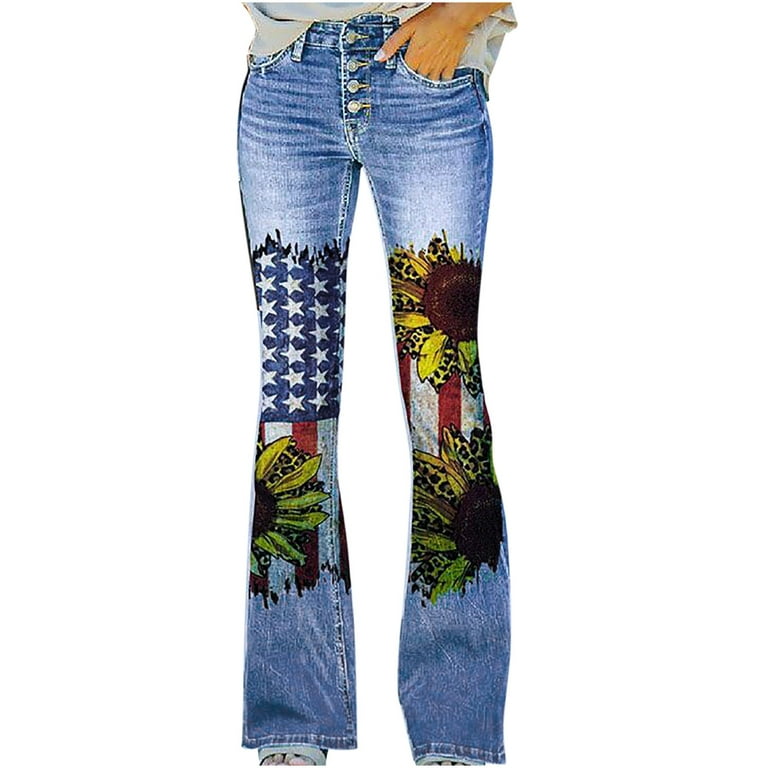 YYDGH Bell Bottom Jeans for Women Floral Printed Buttons Up False Jeans  Stretch Slim Casual Denim Pants Flare Jeans with Pockets Red L