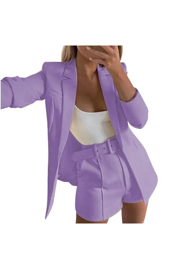 Blazer for Women Long Sleeve Open Front Blazer Casual Elegant Work Office Business Suits with Belt Trendy Outfits Dressy Purple S