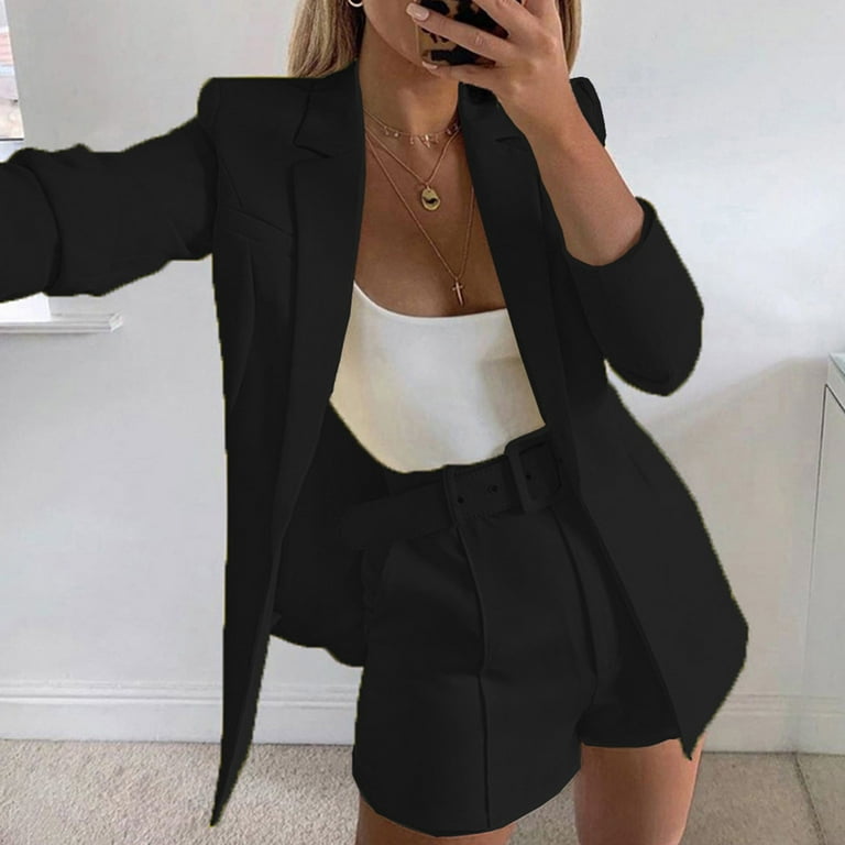 Yydgh Blazers Shorts Set for Women Elegant 2 Piece Business Outfits Long Sleeve Open Front Blazer Short Suits with Belt Black L, Women's, Size: Large