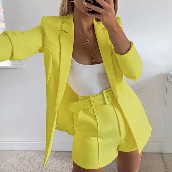 YYDGH Blazers Shorts Set for Women Elegant 2 Piece Business Outfits Long Sleeve Open Front Blazer Short Suits with Belt Yellow L