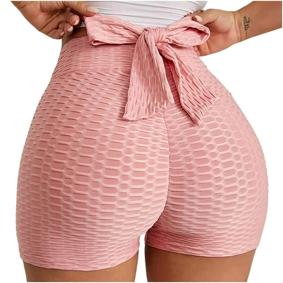 YYDGH Butt Lifting Yoga Shorts for Women Back Bow Tie High Waist Hot Pants Textured Sports Gym Running Beach Shorts Pink S