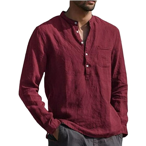 YYDGH Button Down Shirt for Men Summer Casual Cotton Linen Solid Color Long Sleeve Loose Fit Stand Collar Shirts