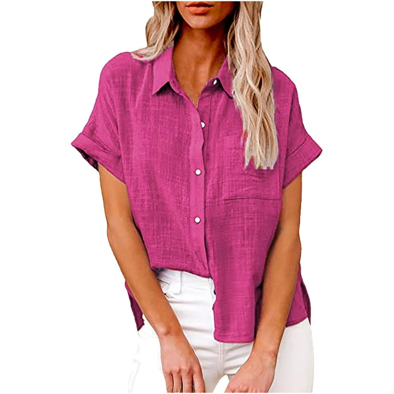 YYDGH Button Down Shirts for Women Linen Solid Color Short Sleeve Blouse V Neck Collared Tops with Pocket Hot Pink S